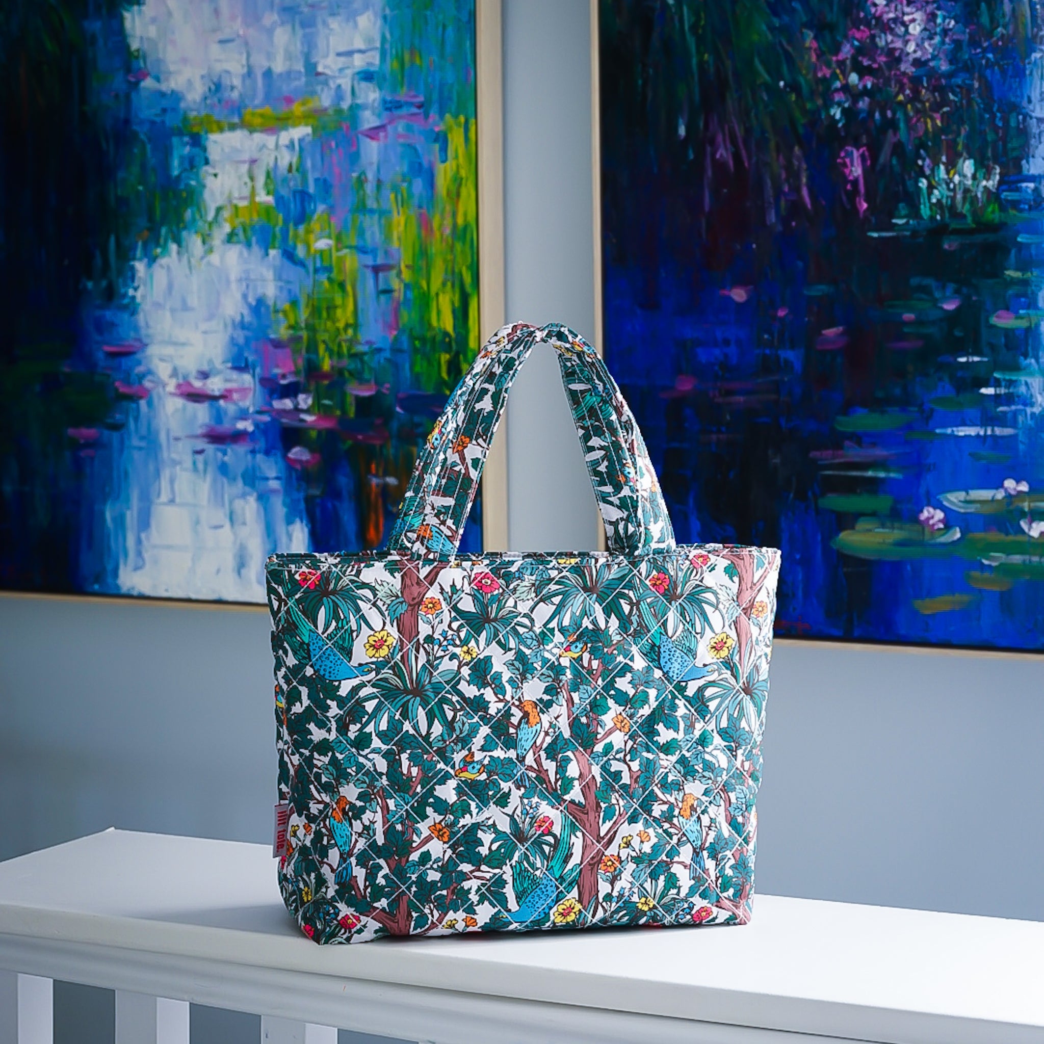 Lilt Tote women's Joy Dress Tote Midi in InkSwoop monochrome abstract art print in front of colourful modern art